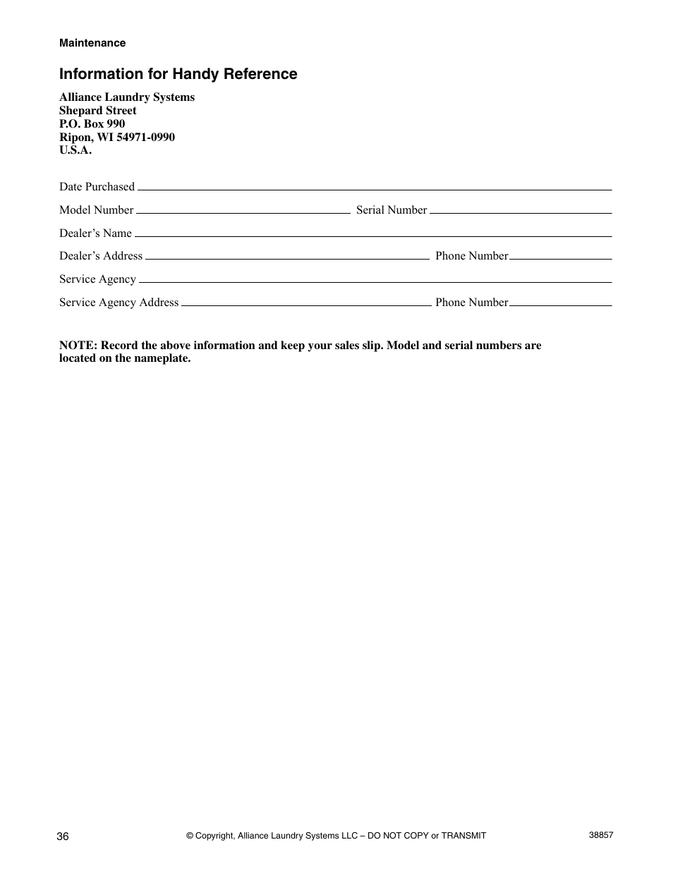 Information for handy reference | Alliance Laundry Systems W446I User Manual | Page 38 / 40