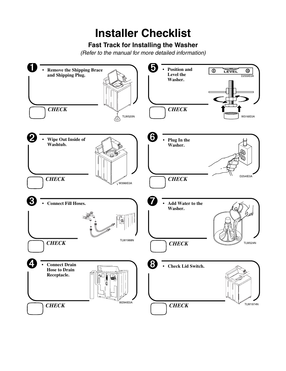 Installer checklist, Fast track for installing the washer | Alliance Laundry Systems W446I User Manual | Page 40 / 40