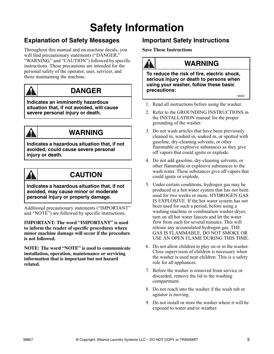 Safety information, Explanation of safety messages, Important safety instructions | Danger, Warning, Caution | Alliance Laundry Systems W446I User Manual | Page 7 / 40