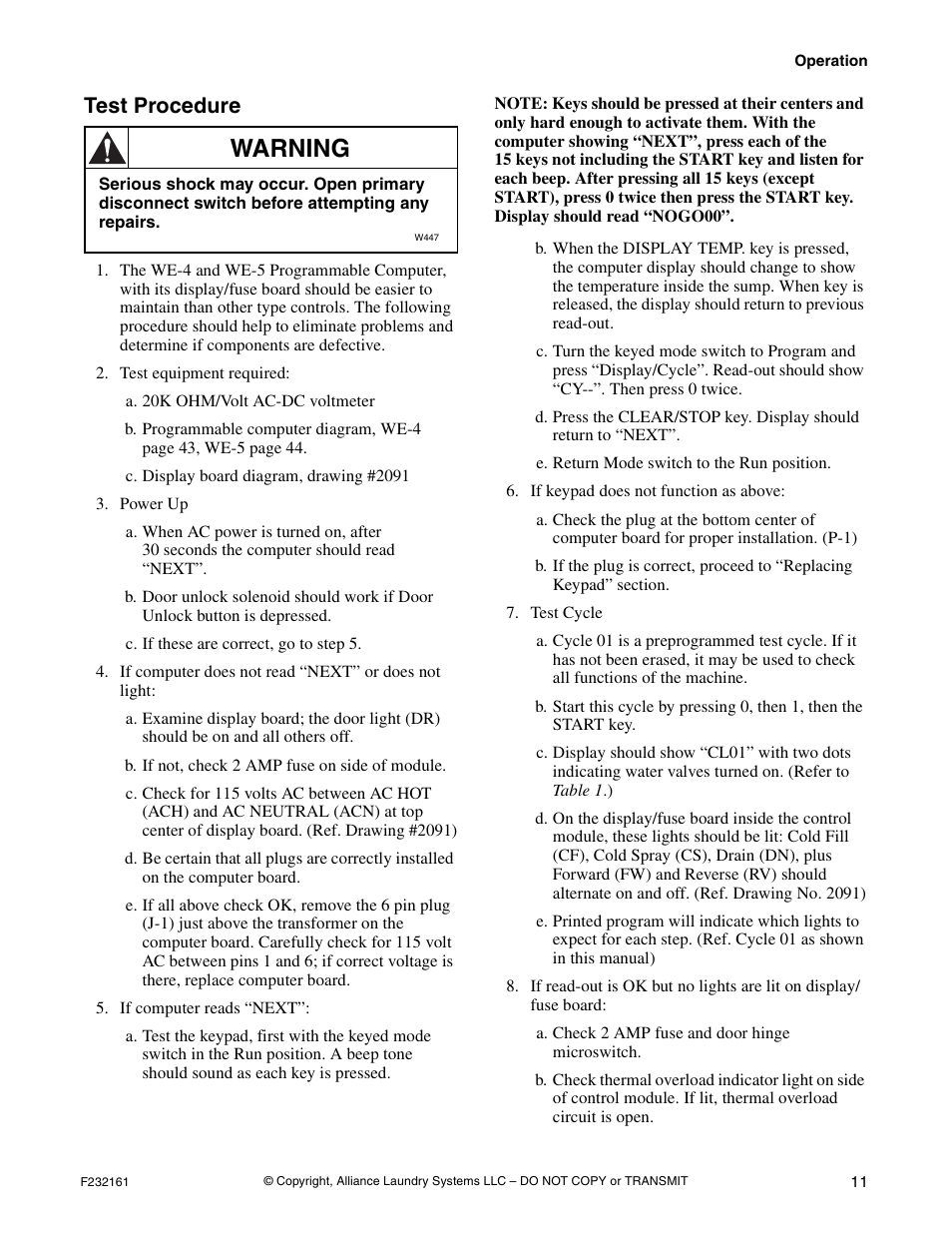 Warning, Test procedure | Alliance Laundry Systems POCKET HARDMOUNT UW50P4 User Manual | Page 13 / 16