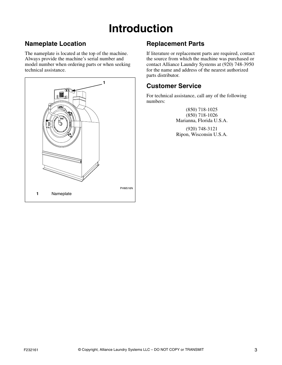 Introduction, Nameplate location, Replacement parts | Customer service | Alliance Laundry Systems POCKET HARDMOUNT UW50P4 User Manual | Page 5 / 16