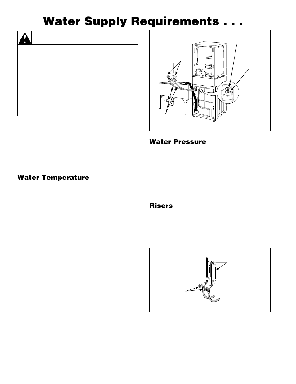 Water supply requirements, Warning, Water temperature | Water pressure, Risers | Alliance Laundry Systems H242I User Manual | Page 20 / 114