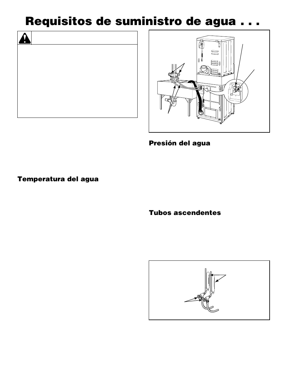 Requisitos de suministro de agua, Advertencia, Temperatura del agua | Presión del agua, Tubos ascendentes | Alliance Laundry Systems H242I User Manual | Page 76 / 114