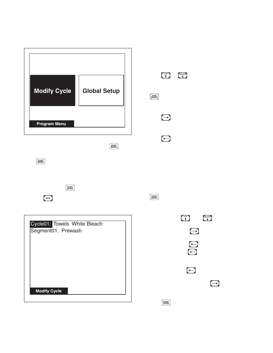Program menu, Program menu modify cycle, Modify cycle | Modify cycle global setup | Alliance Laundry Systems PHM1401C User Manual | Page 33 / 82