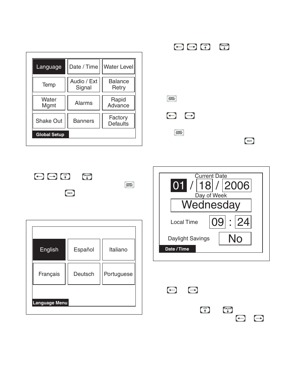 Global setup, Global setup menu language menu date/time menu | Alliance Laundry Systems PHM1401C User Manual | Page 41 / 82