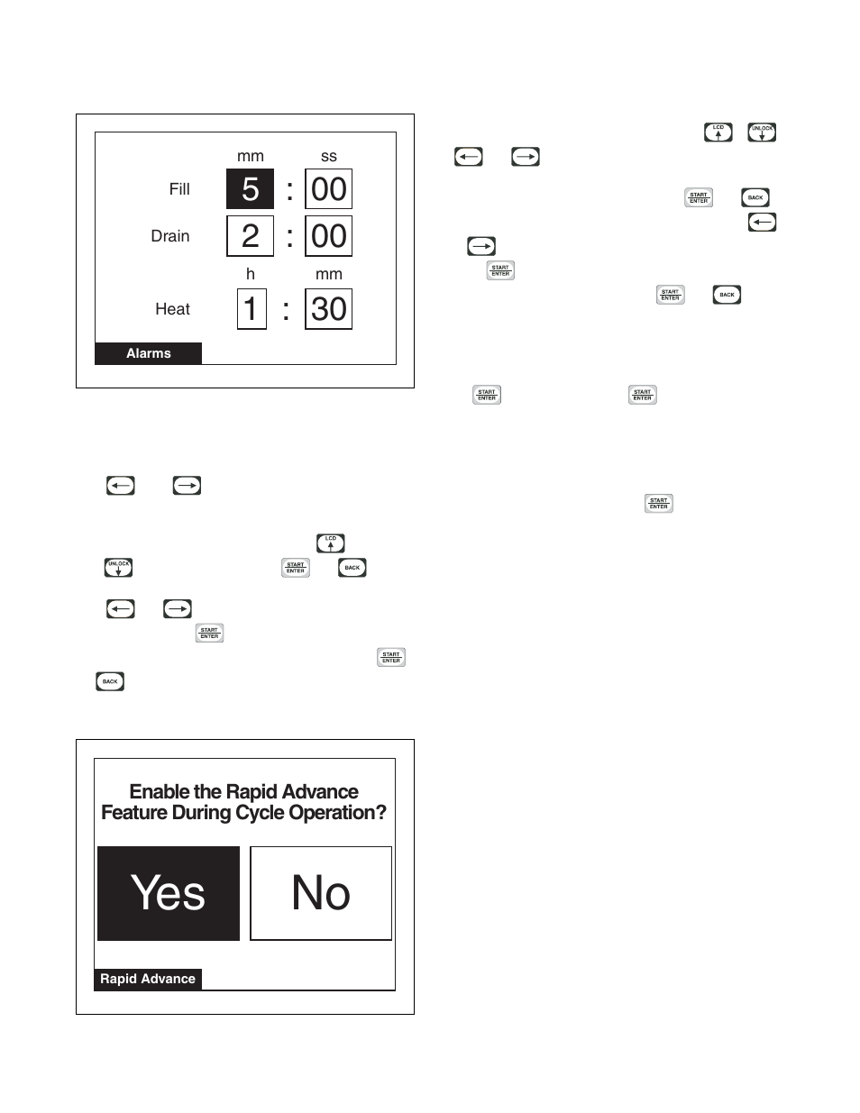 Alarms program menu, Rapid advance menu, No yes | Alliance Laundry Systems PHM1401C User Manual | Page 46 / 82