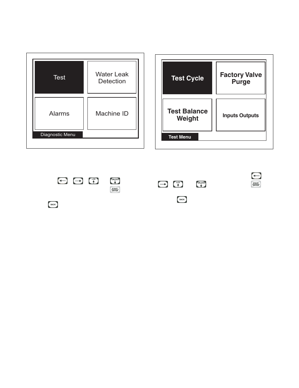 Diagnostic, Diagnostic menu test menu, Diagnostic menu | Test menu, Factory valve purge test balance weight test cycle | Alliance Laundry Systems PHM1401C User Manual | Page 50 / 82