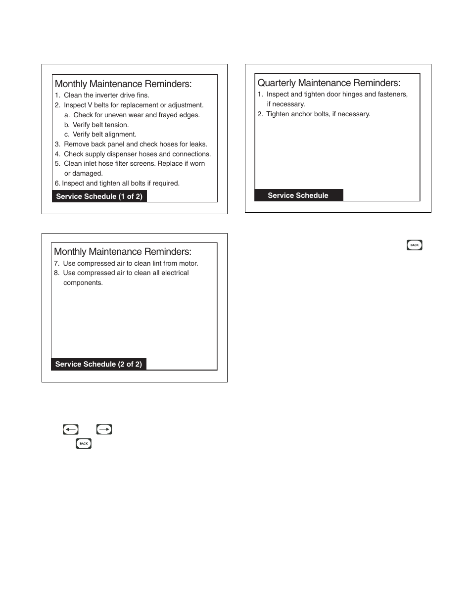 Monthly menu (service) quarterly menu (service), Monthly maintenance reminders, Quarterly maintenance reminders | Alliance Laundry Systems PHM1401C User Manual | Page 65 / 82