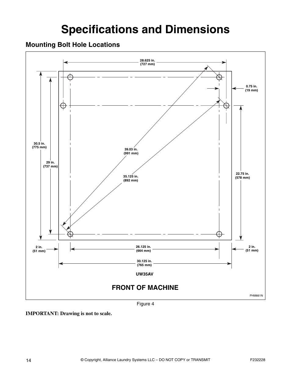 Specifications and dimensions, Mounting bolt hole locations, Front of machine | Important: drawing is not to scale | Alliance Laundry Systems UW35AV User Manual | Page 16 / 34