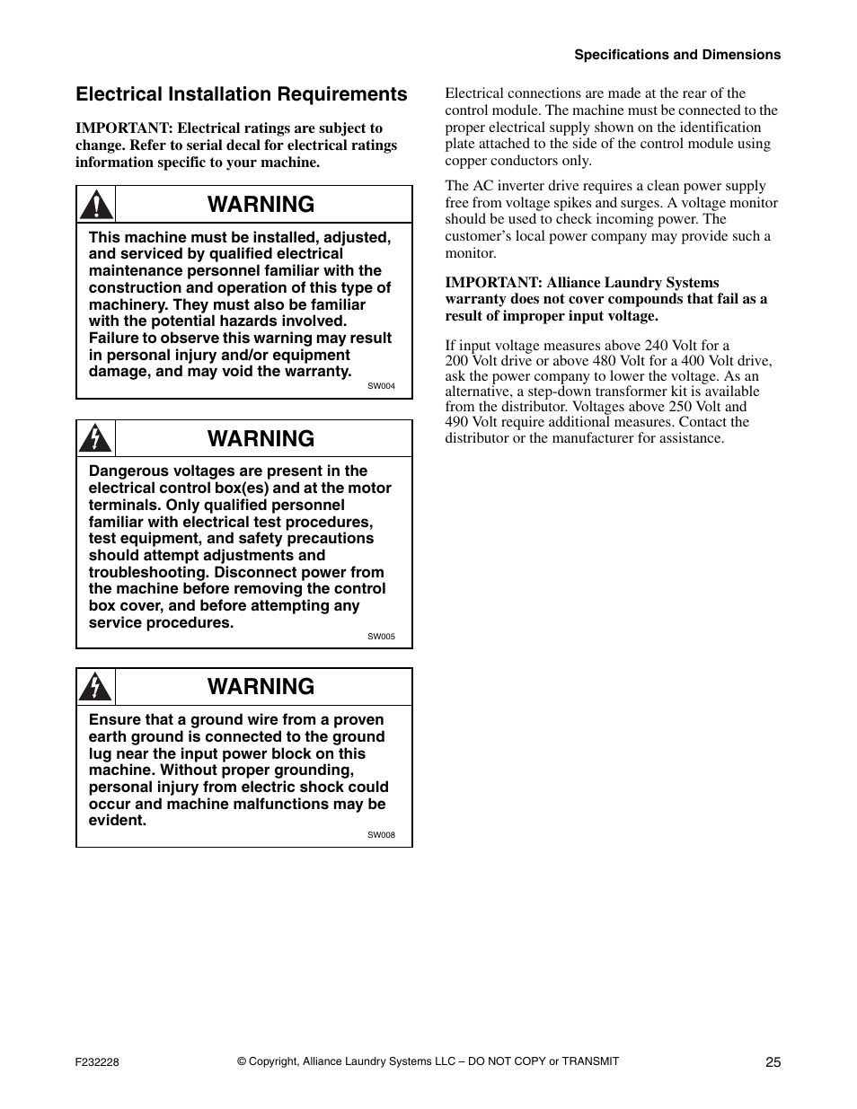 Electrical installation requirements, Warning | Alliance Laundry Systems UW35AV User Manual | Page 27 / 34