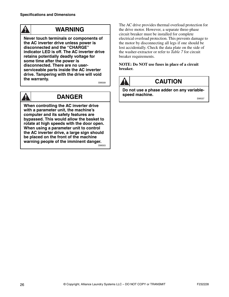 Warning, Danger, Caution | Alliance Laundry Systems UW35AV User Manual | Page 28 / 34