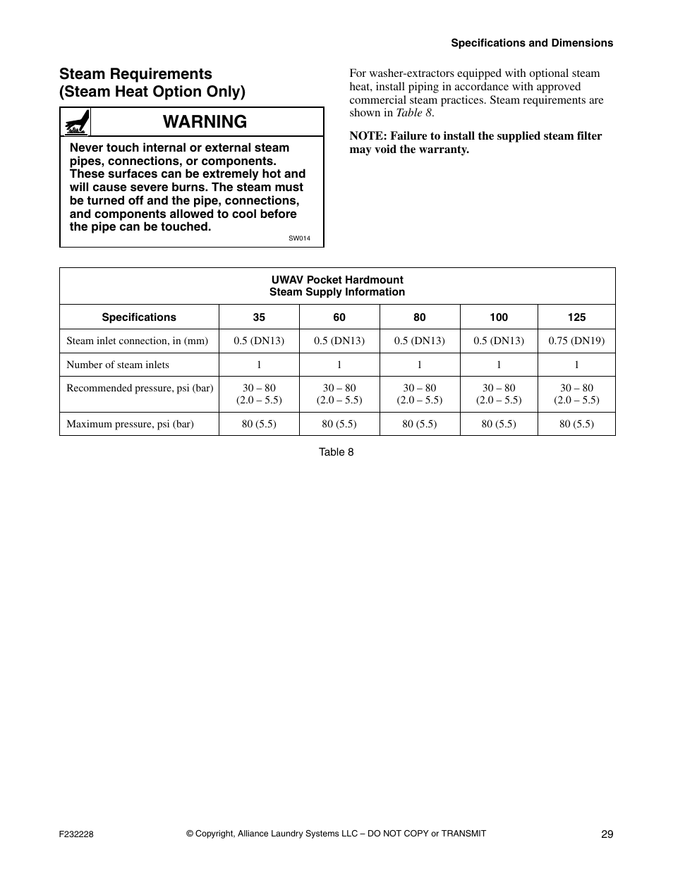 Steam requirements (steam heat option only), Warning | Alliance Laundry Systems UW35AV User Manual | Page 31 / 34