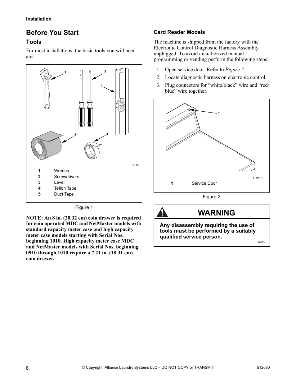 Before you start, Tools, Card reader models | Warning | Alliance Laundry Systems D677I User Manual | Page 10 / 56