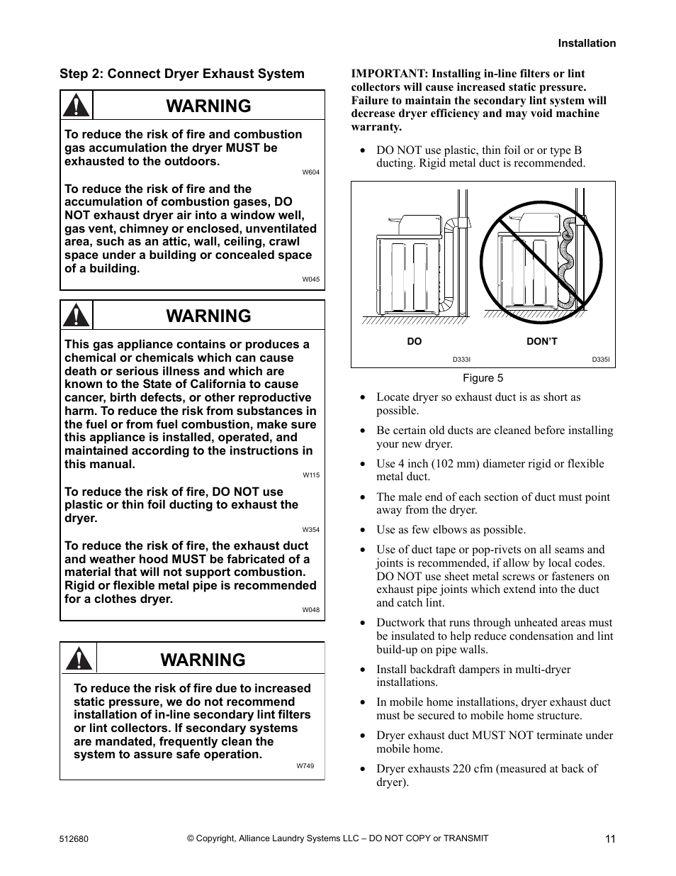 Step 2: connect dryer exhaust system, Warning | Alliance Laundry Systems D677I User Manual | Page 13 / 56