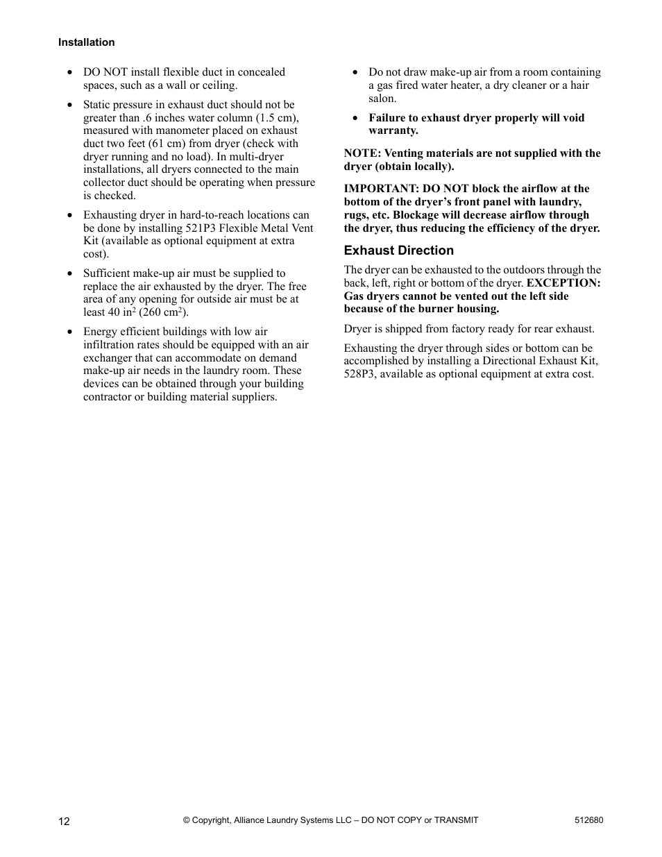 Exhaust direction | Alliance Laundry Systems D677I User Manual | Page 14 / 56