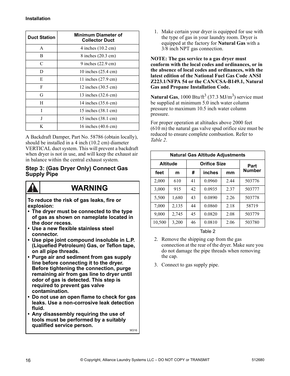 Step 3: (gas dryer only) connect gas supply pipe, Warning | Alliance Laundry Systems D677I User Manual | Page 18 / 56