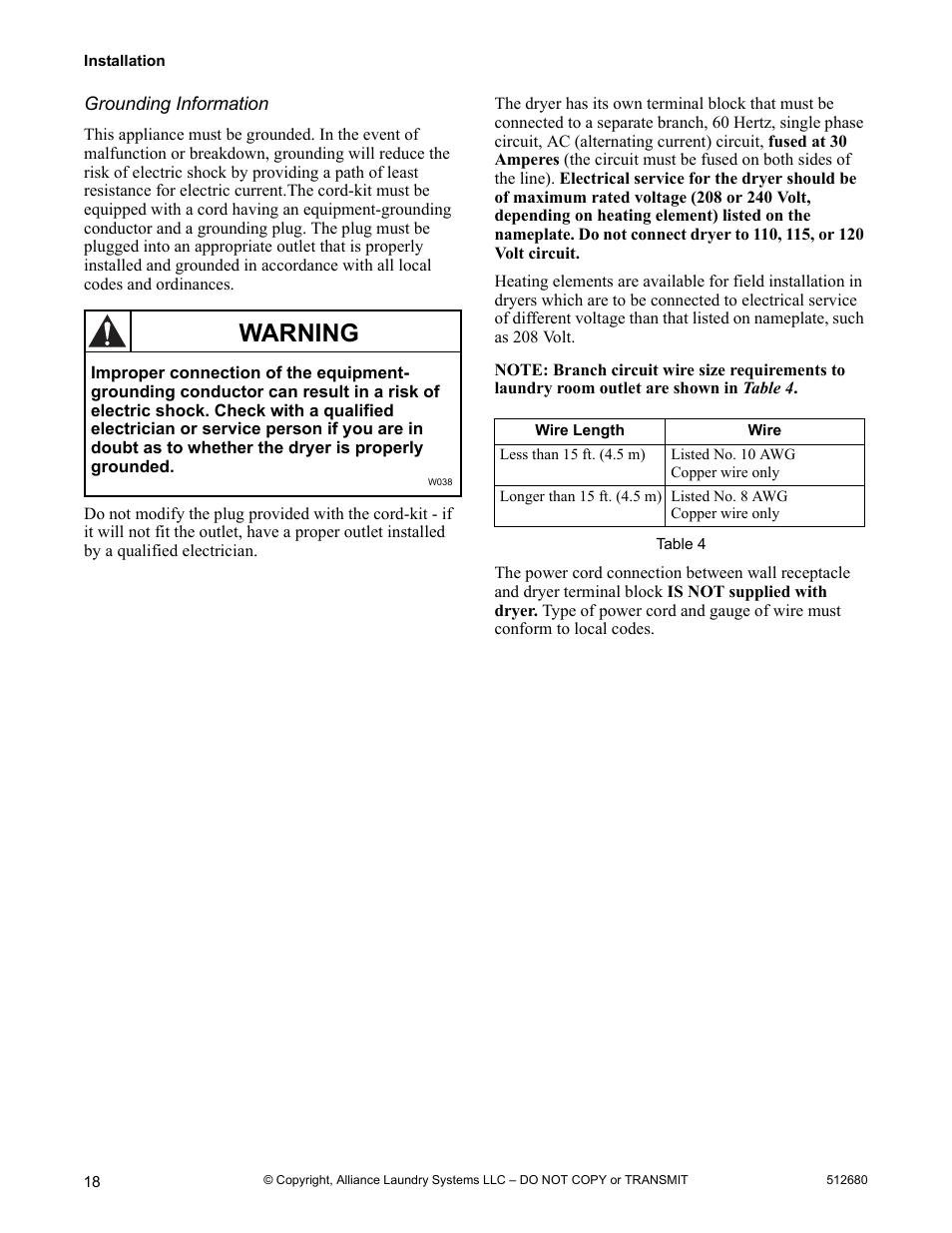 Warning | Alliance Laundry Systems D677I User Manual | Page 20 / 56