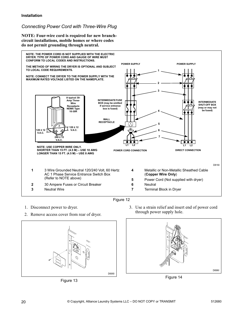 Connecting power cord with three-wire plug | Alliance Laundry Systems D677I User Manual | Page 22 / 56
