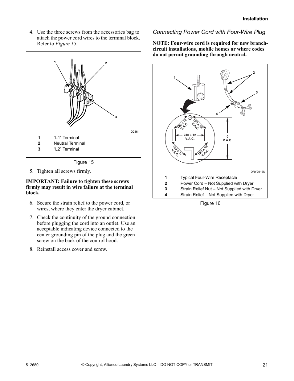 Connecting power cord with four-wire plug | Alliance Laundry Systems D677I User Manual | Page 23 / 56