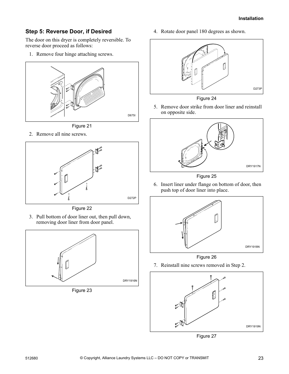 Step 5: reverse door, if desired | Alliance Laundry Systems D677I User Manual | Page 25 / 56