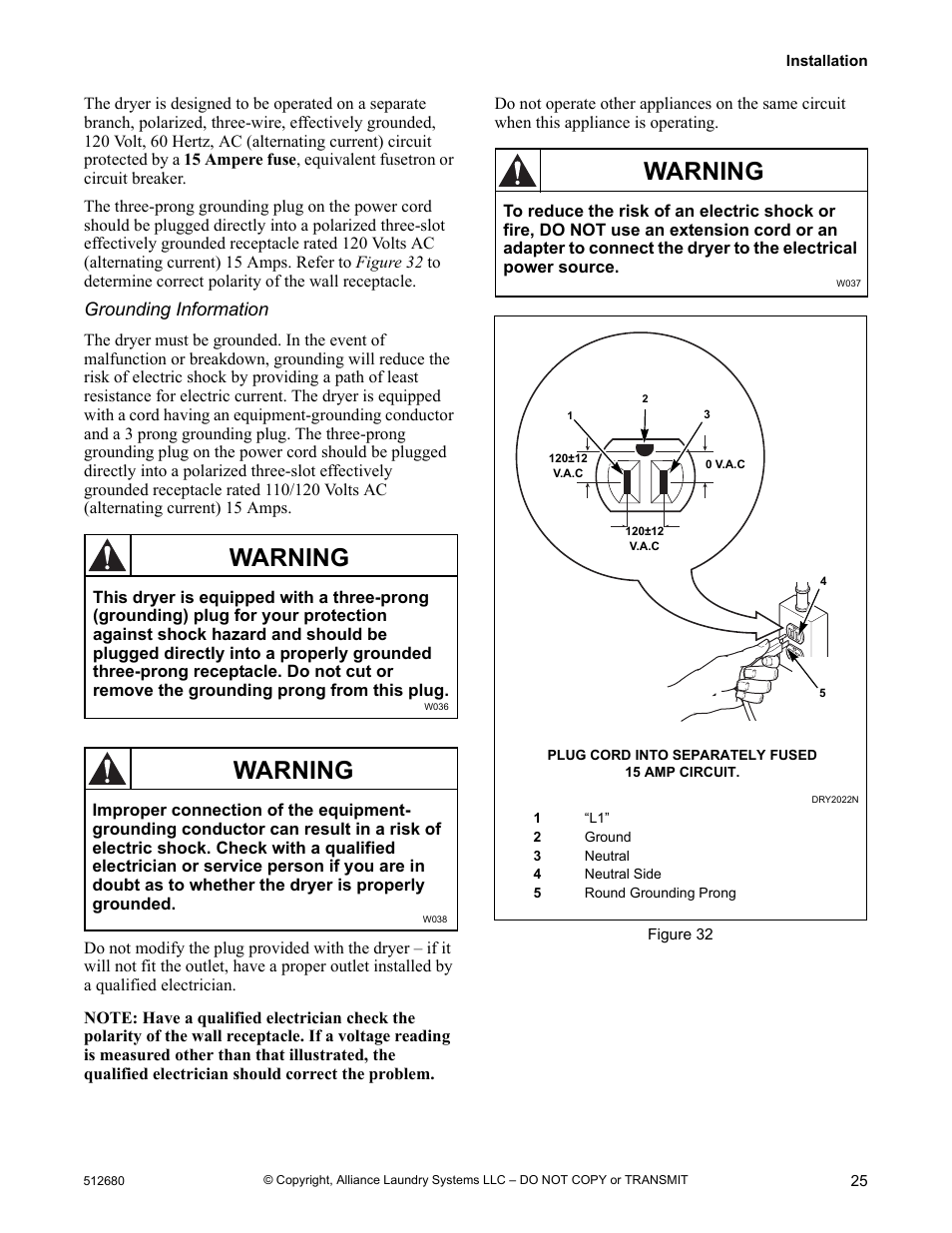 Warning | Alliance Laundry Systems D677I User Manual | Page 27 / 56