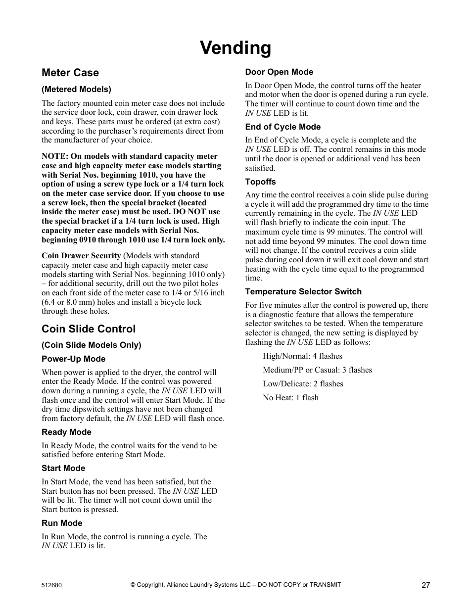 Vending, Meter case coin slide control, Meter case | Coin slide control | Alliance Laundry Systems D677I User Manual | Page 29 / 56