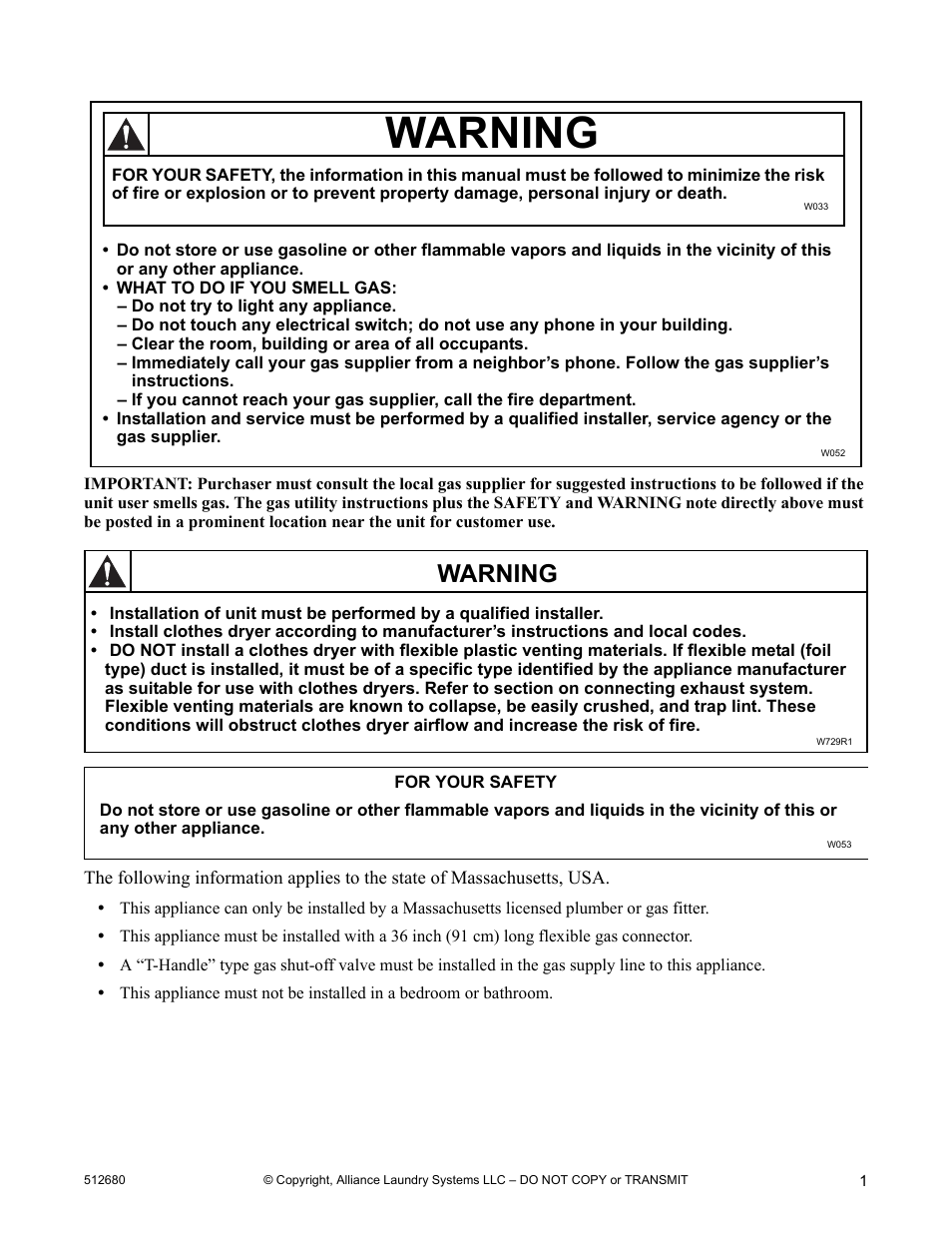 Warning | Alliance Laundry Systems D677I User Manual | Page 3 / 56