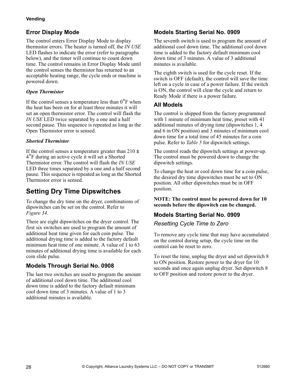 Error display mode, Setting dry time dipswitches | Alliance Laundry Systems D677I User Manual | Page 30 / 56