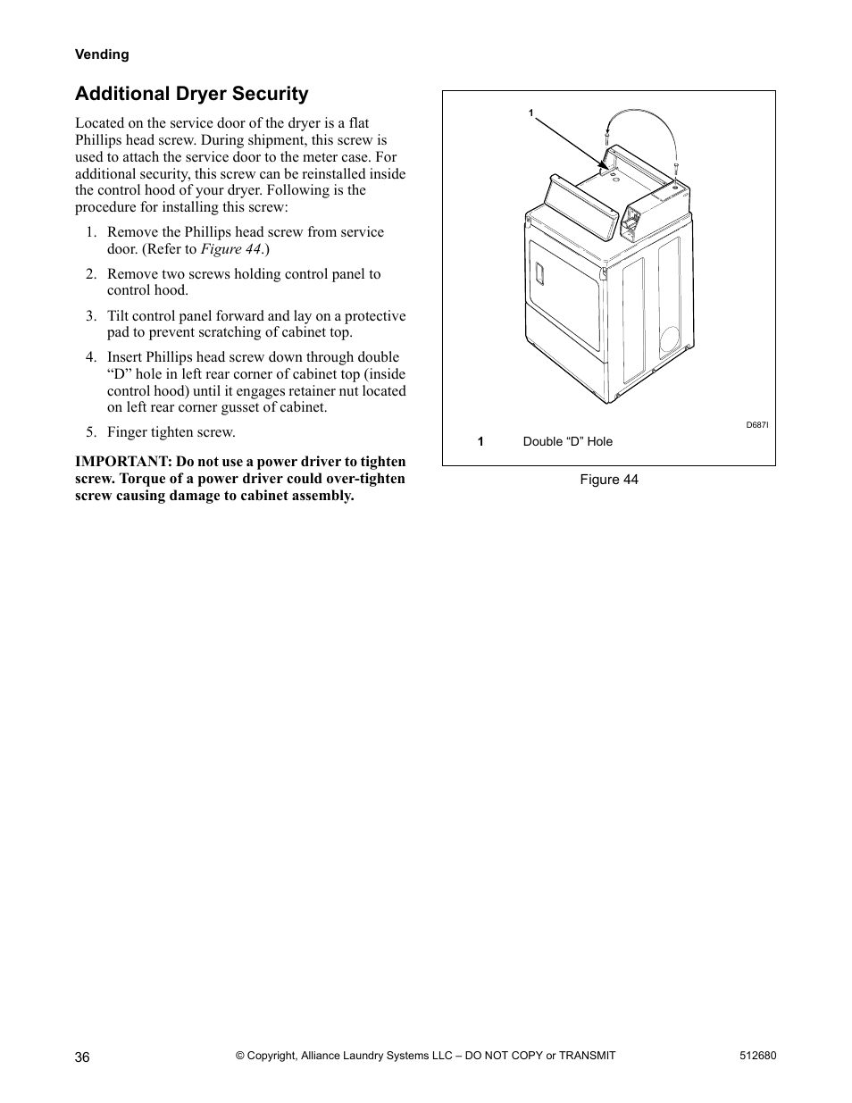 Additional dryer security | Alliance Laundry Systems D677I User Manual | Page 38 / 56