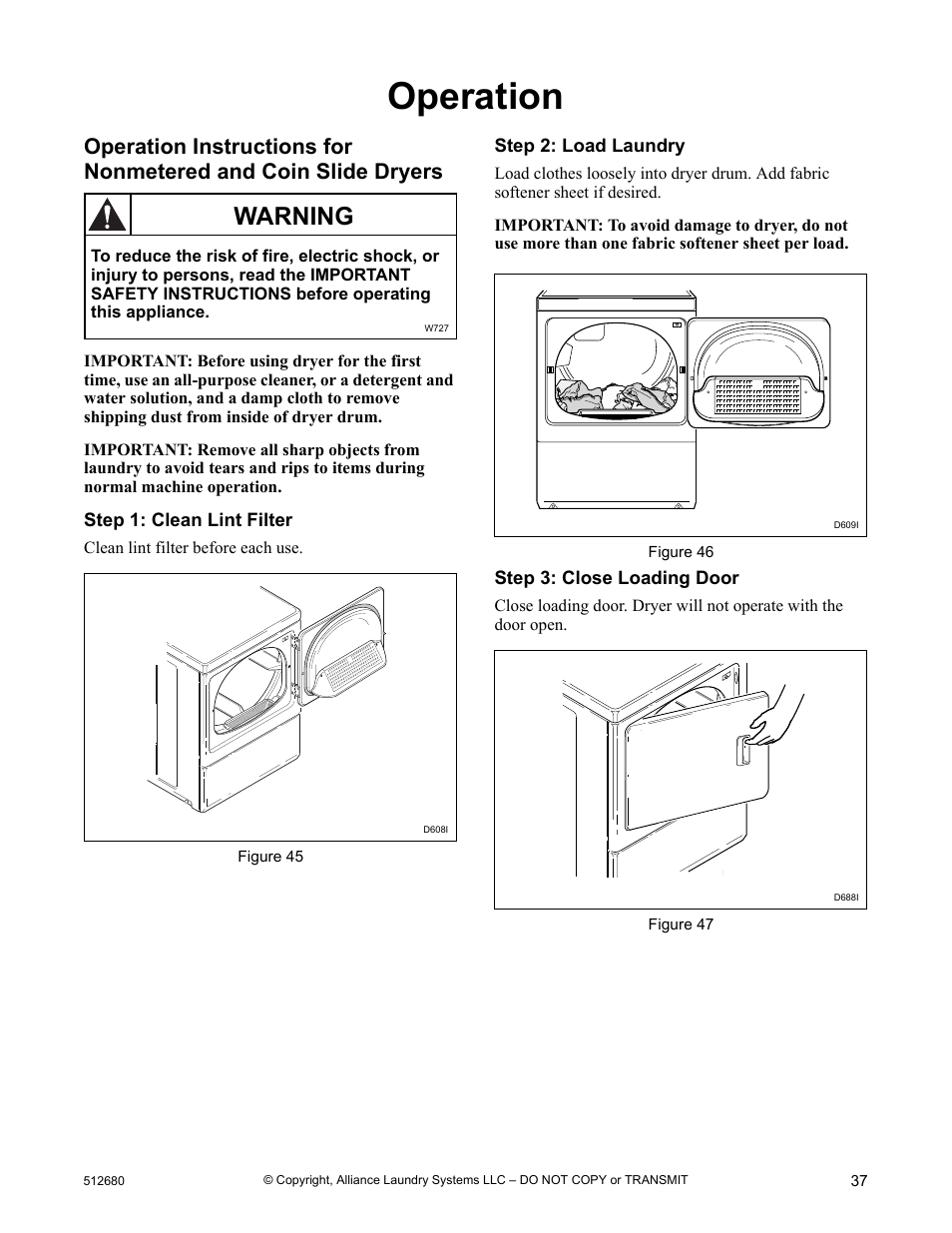 Operation, Warning | Alliance Laundry Systems D677I User Manual | Page 39 / 56