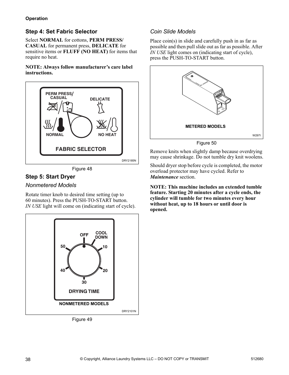 Step 4: set fabric selector step 5: start dryer | Alliance Laundry Systems D677I User Manual | Page 40 / 56