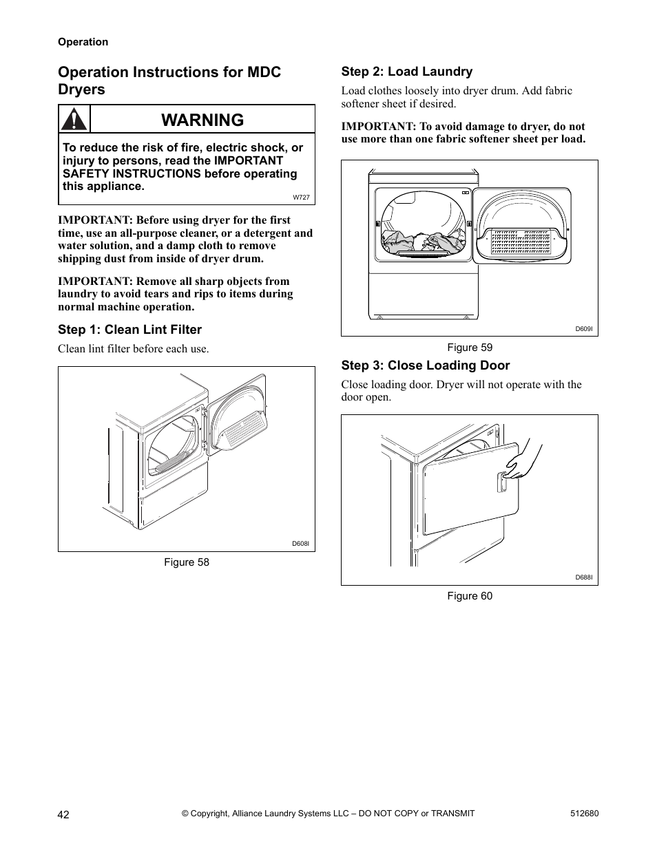 Operation instructions for mdc dryers, Warning | Alliance Laundry Systems D677I User Manual | Page 44 / 56