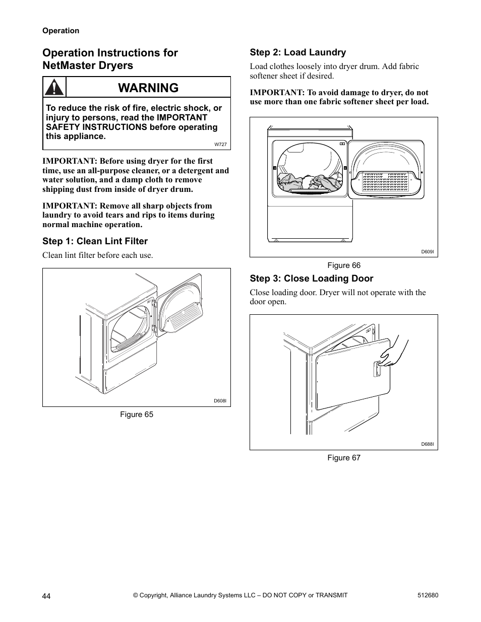 Operation instructions for netmaster dryers, Warning | Alliance Laundry Systems D677I User Manual | Page 46 / 56