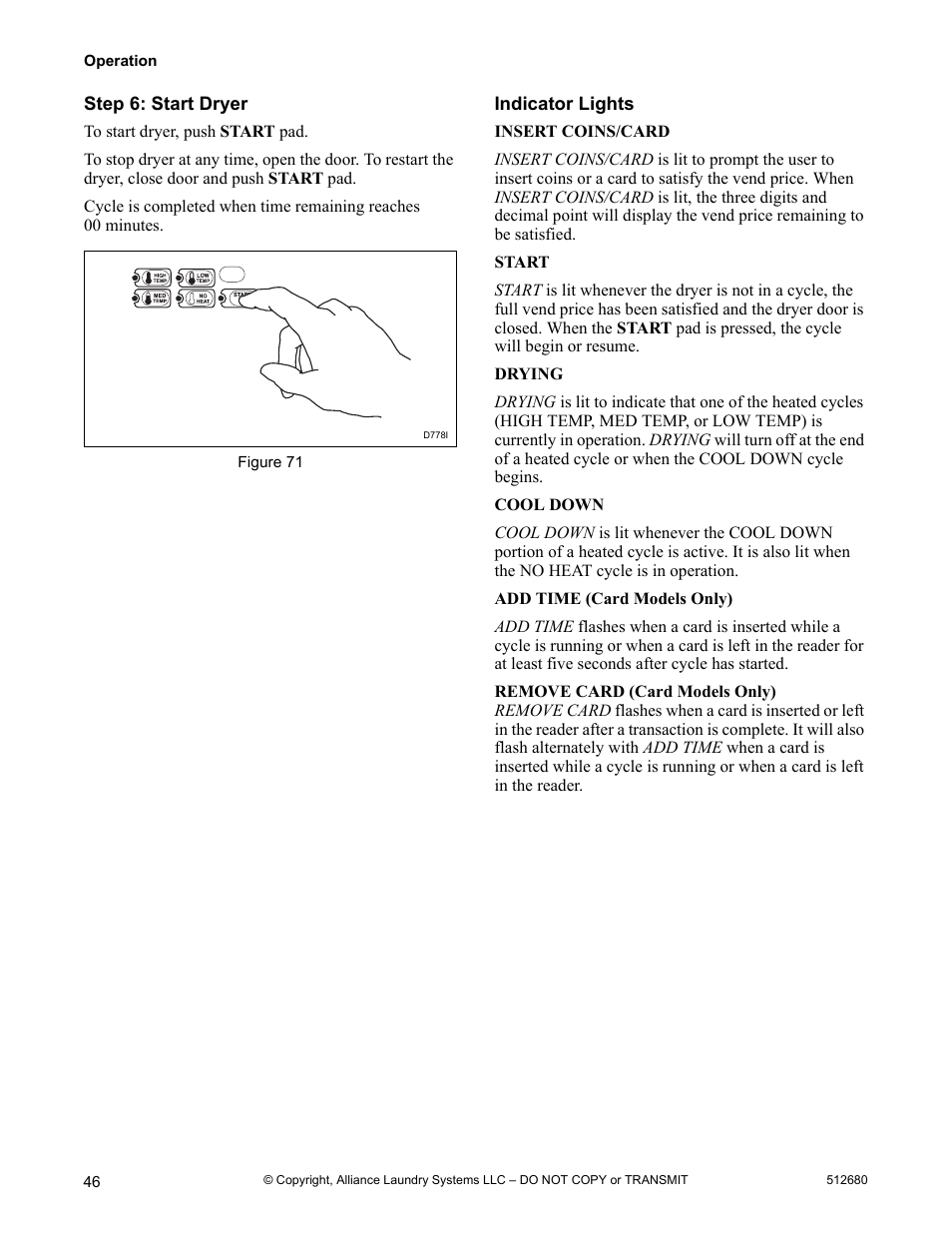 Step 6: start dryer indicator lights | Alliance Laundry Systems D677I User Manual | Page 48 / 56