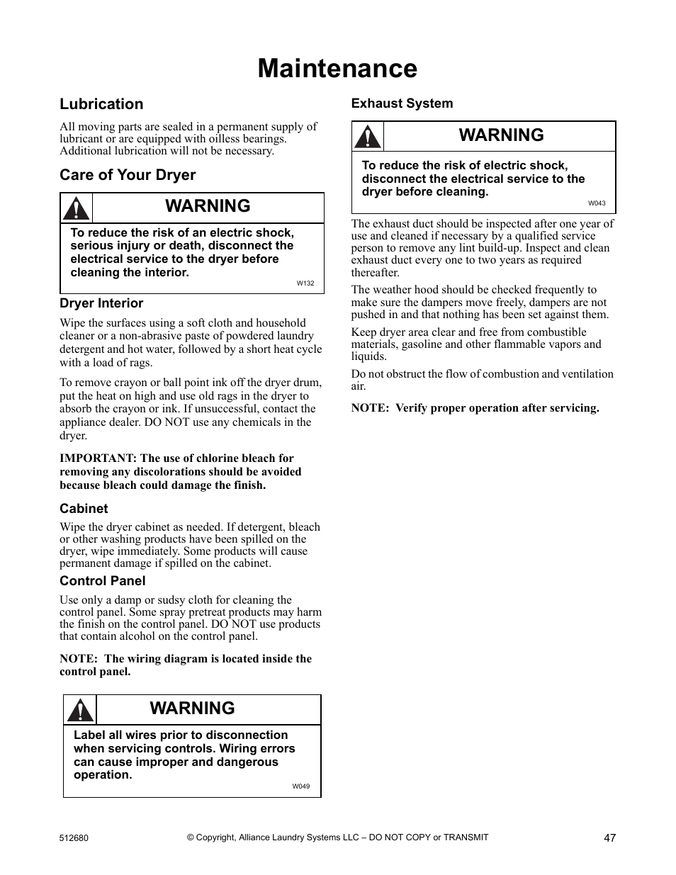 Maintenance, Lubrication care of your dryer, Warning | Lubrication, Care of your dryer | Alliance Laundry Systems D677I User Manual | Page 49 / 56