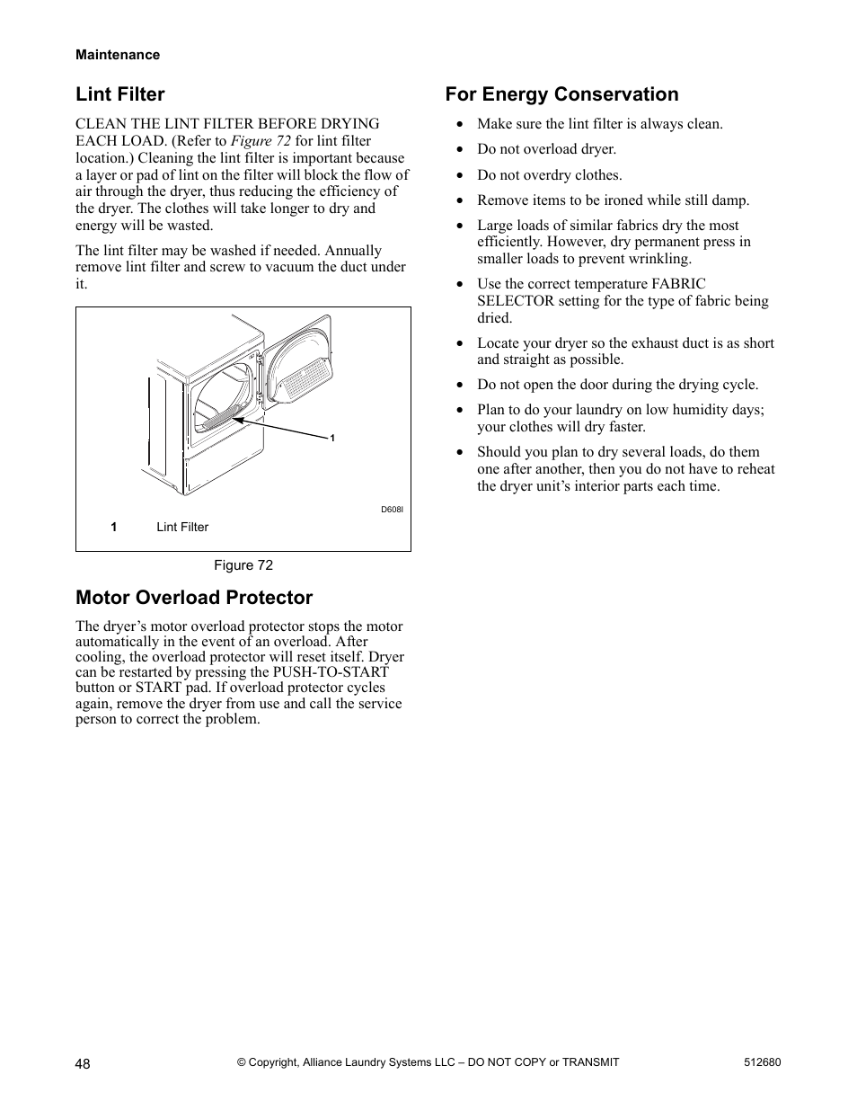 Lint filter, Motor overload protector, For energy conservation | Alliance Laundry Systems D677I User Manual | Page 50 / 56