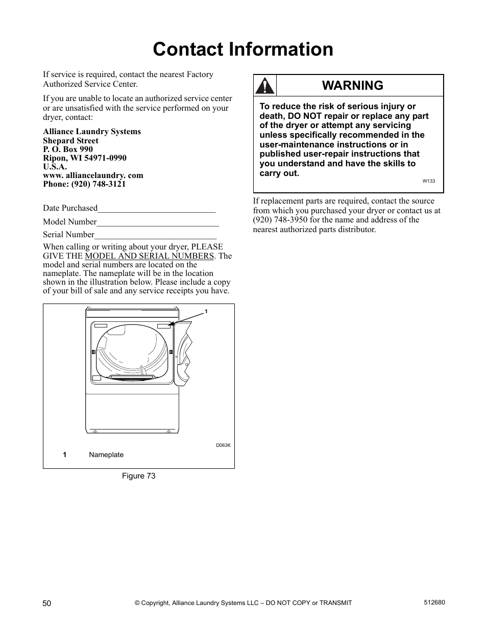 Contact information, Warning | Alliance Laundry Systems D677I User Manual | Page 52 / 56