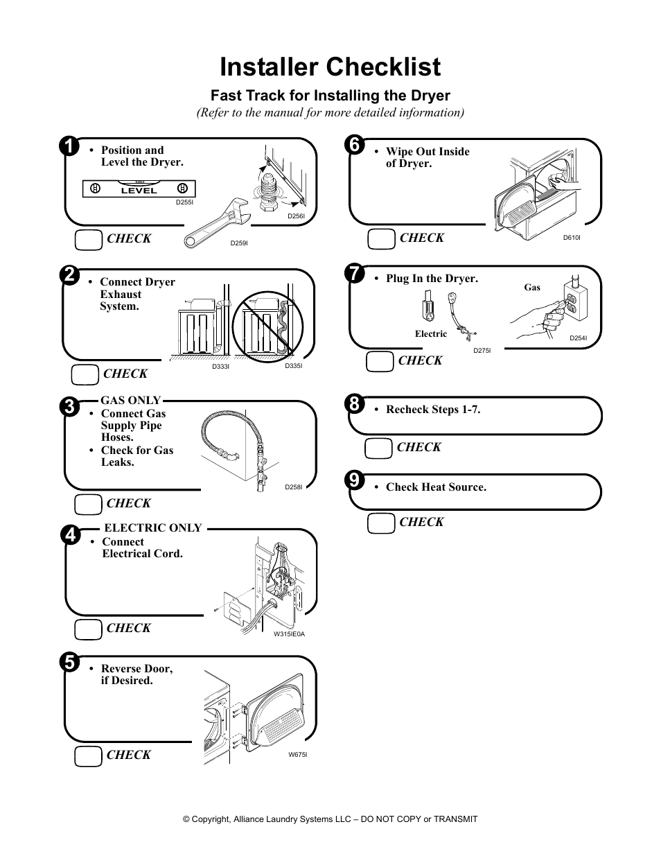 Installer checklist, Fast track for installing the dryer | Alliance Laundry Systems D677I User Manual | Page 56 / 56