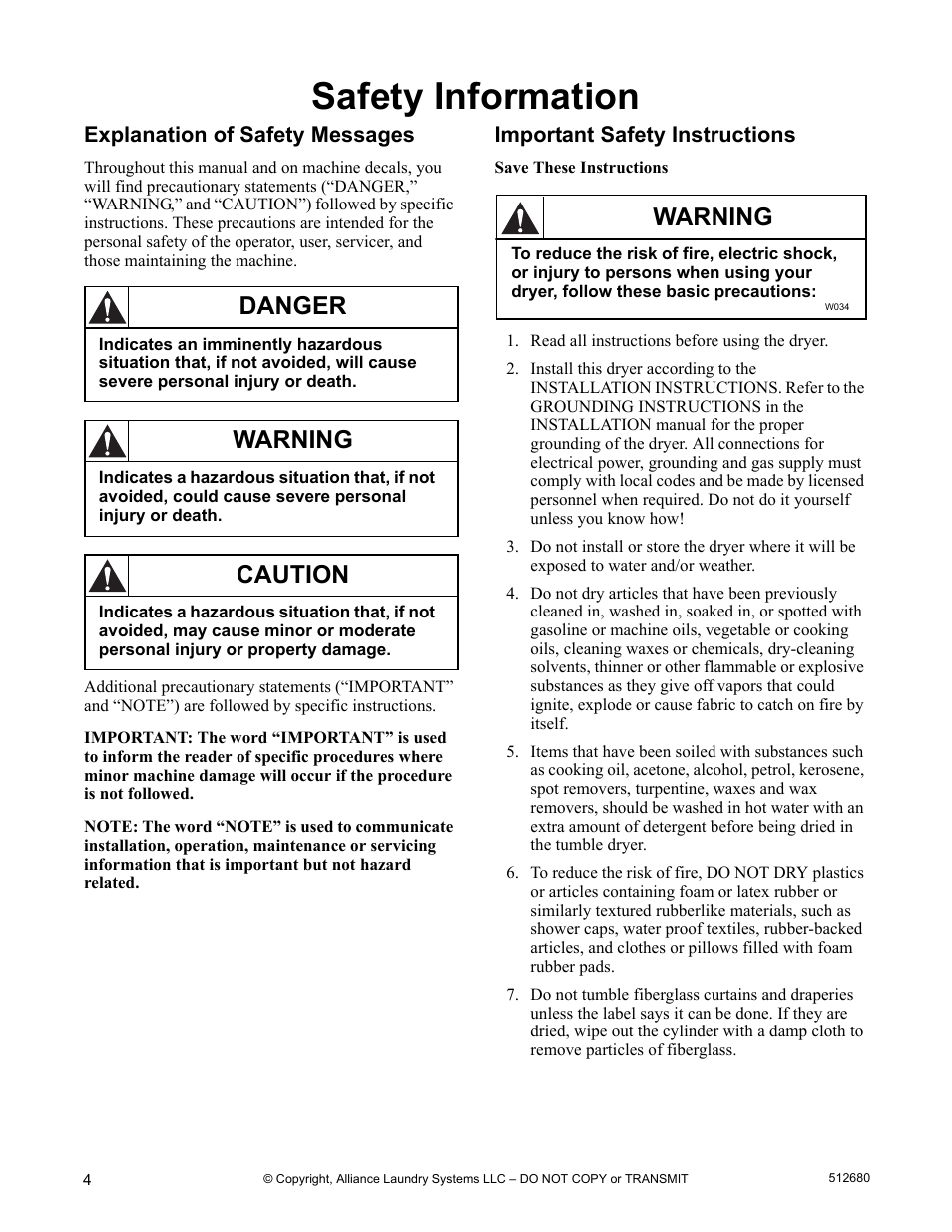 Safety information, Explanation of safety messages, Important safety instructions | Danger, Warning, Caution | Alliance Laundry Systems D677I User Manual | Page 6 / 56