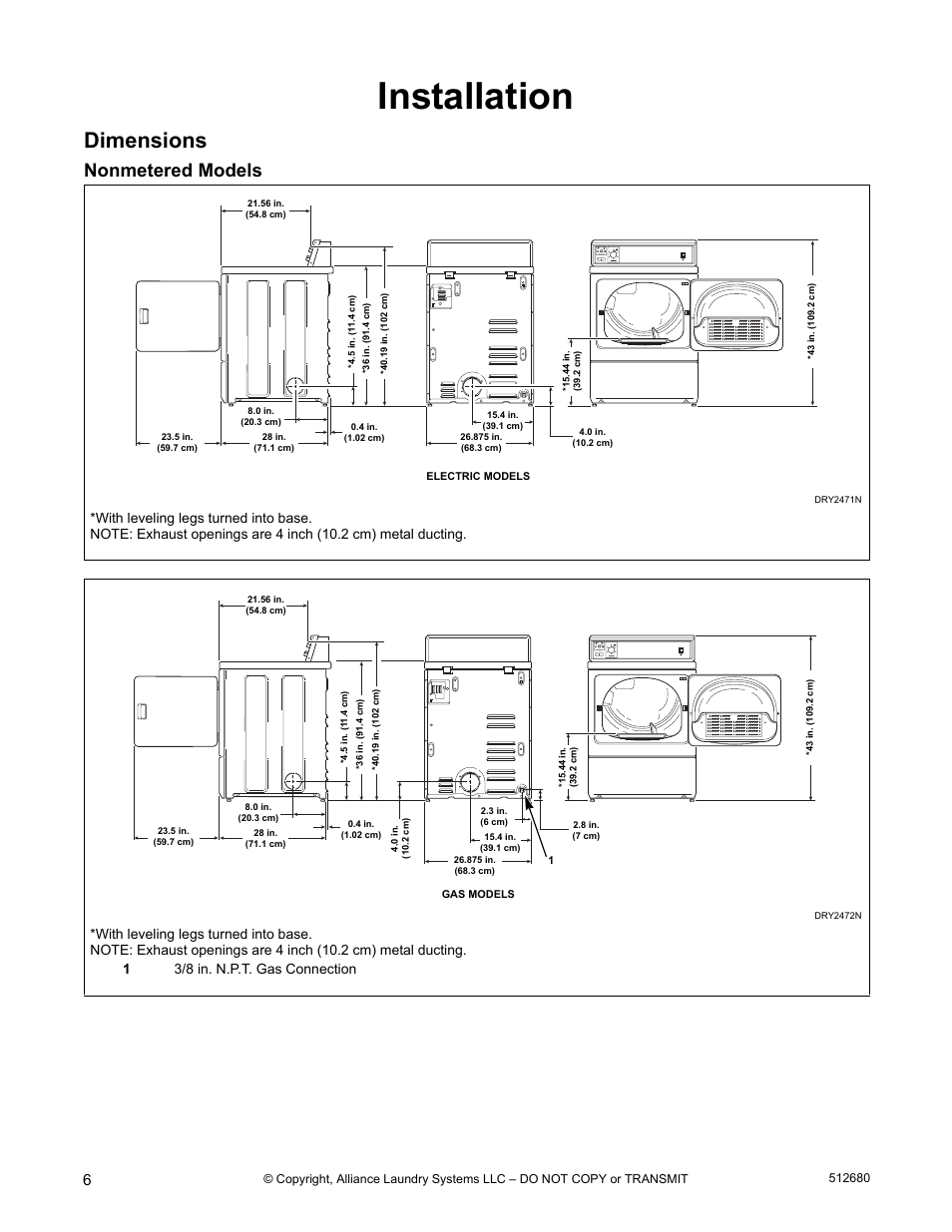 Installation, Dimensions, Nonmetered models | Alliance Laundry Systems D677I User Manual | Page 8 / 56