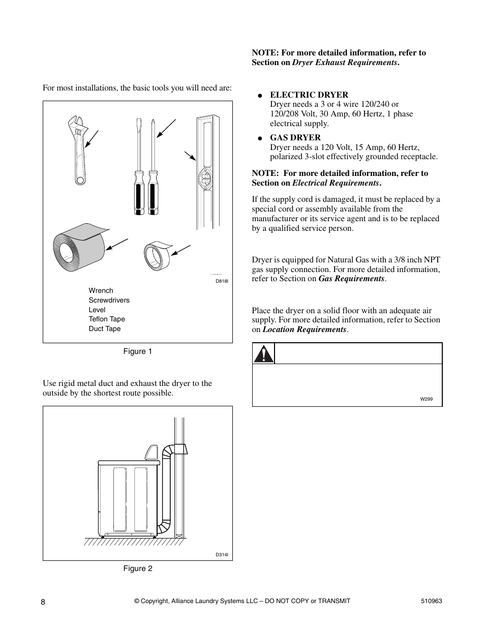 Before you start, Tools, Exhaust | Electrical, Location, Warning | Alliance Laundry Systems D715I User Manual | Page 10 / 34