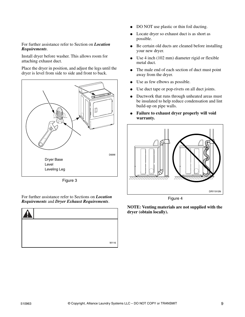 Installing the dryer, Step 1: position and level the dryer, Step 2: connect dryer exhaust system | Warning | Alliance Laundry Systems D715I User Manual | Page 11 / 34