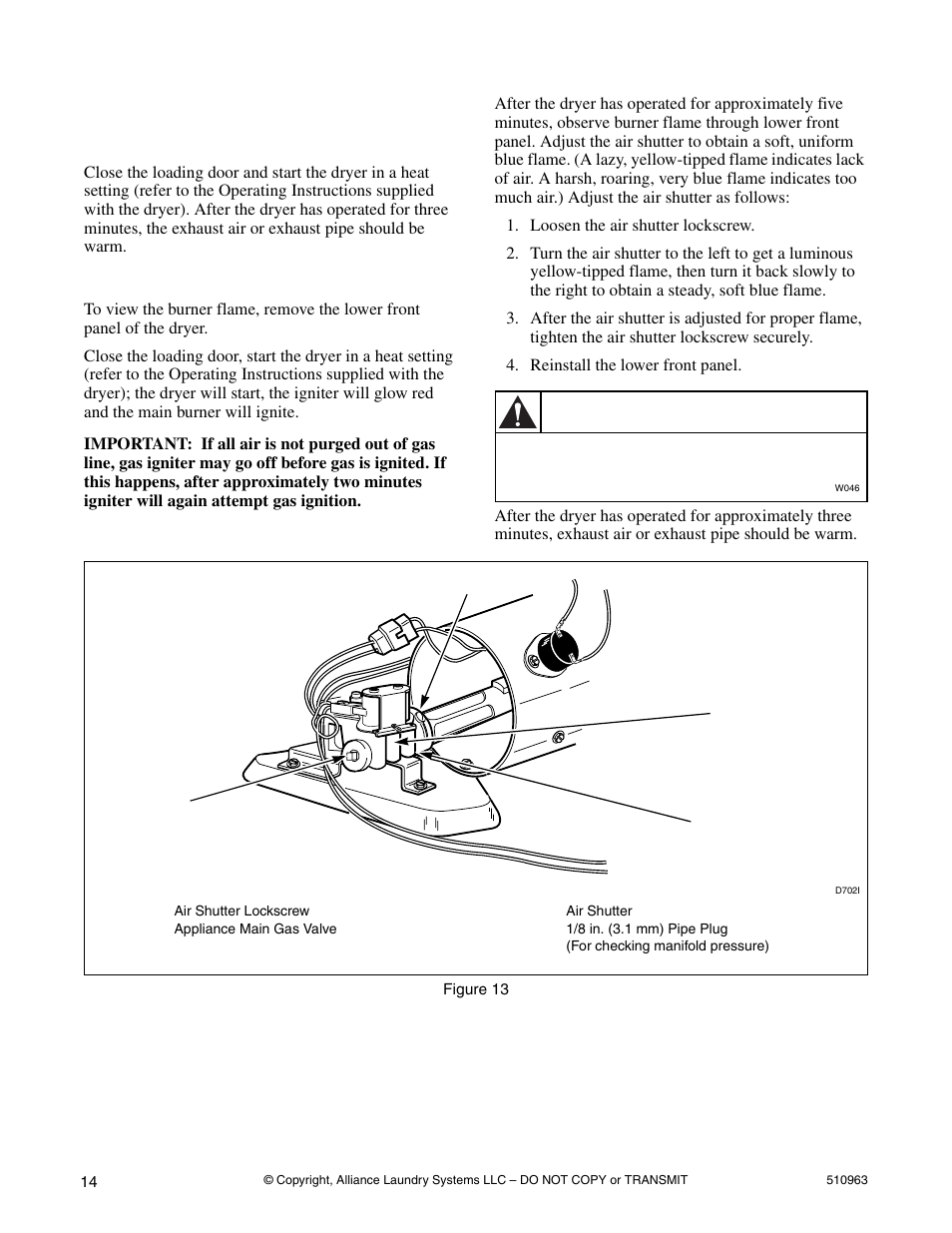 Heat source check, Electric dryers gas dryers, Warning | Alliance Laundry Systems D715I User Manual | Page 16 / 34