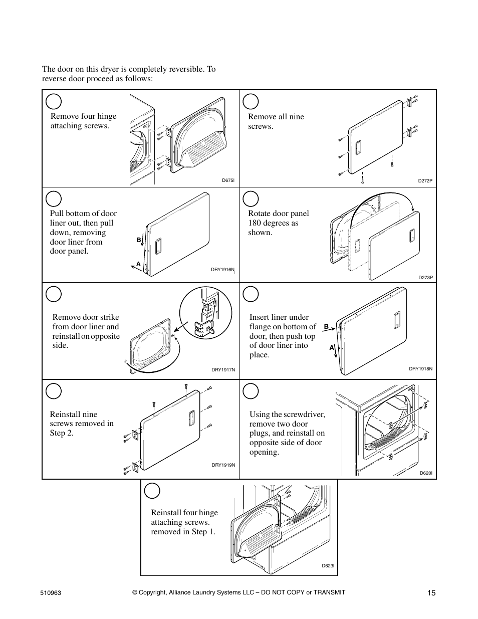 Reversing door procedure | Alliance Laundry Systems D715I User Manual | Page 17 / 34