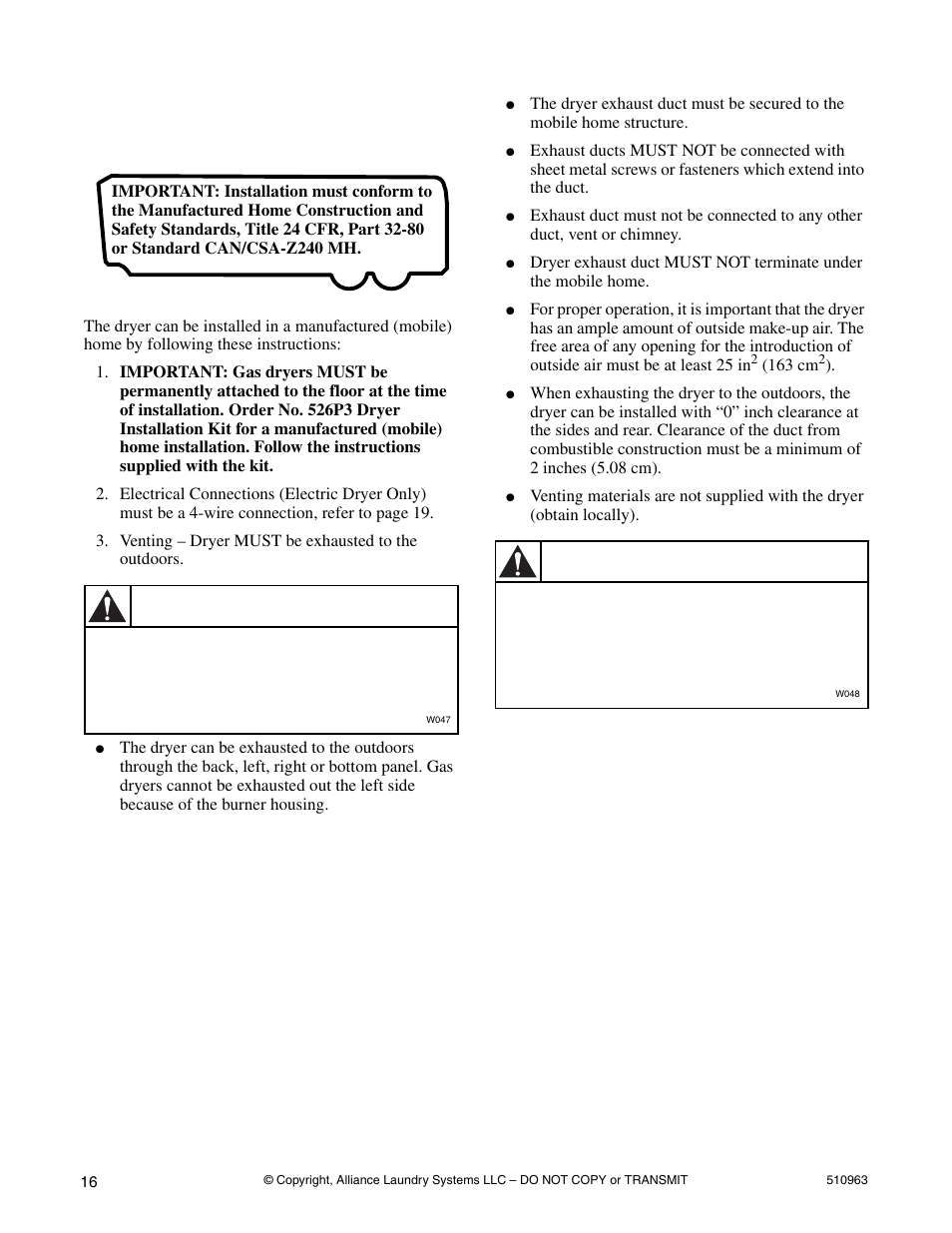 Manufactured (mobile) home installation, Warning | Alliance Laundry Systems D715I User Manual | Page 18 / 34