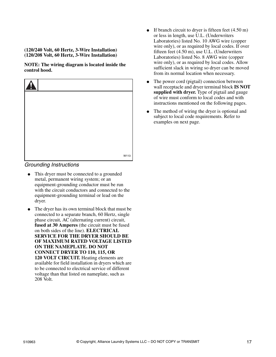 Electrical requirements, Electric dryers, Warning | Alliance Laundry Systems D715I User Manual | Page 19 / 34