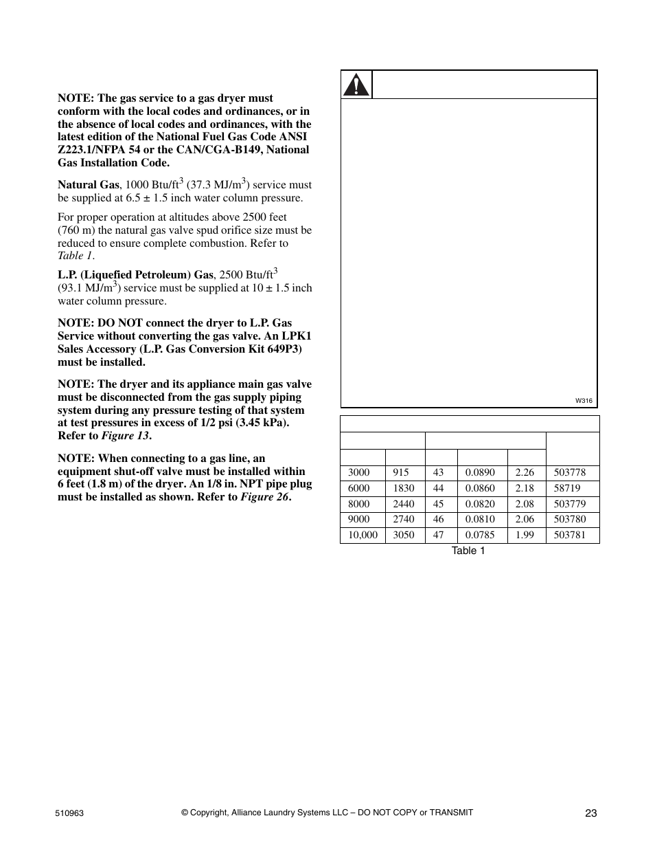 Gas requirements, Warning | Alliance Laundry Systems D715I User Manual | Page 25 / 34