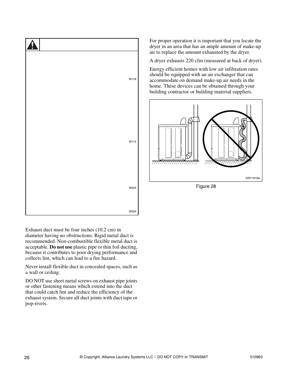 Dryer exhaust requirements, Exhaust system materials make-up air requirements, Warning | Alliance Laundry Systems D715I User Manual | Page 28 / 34