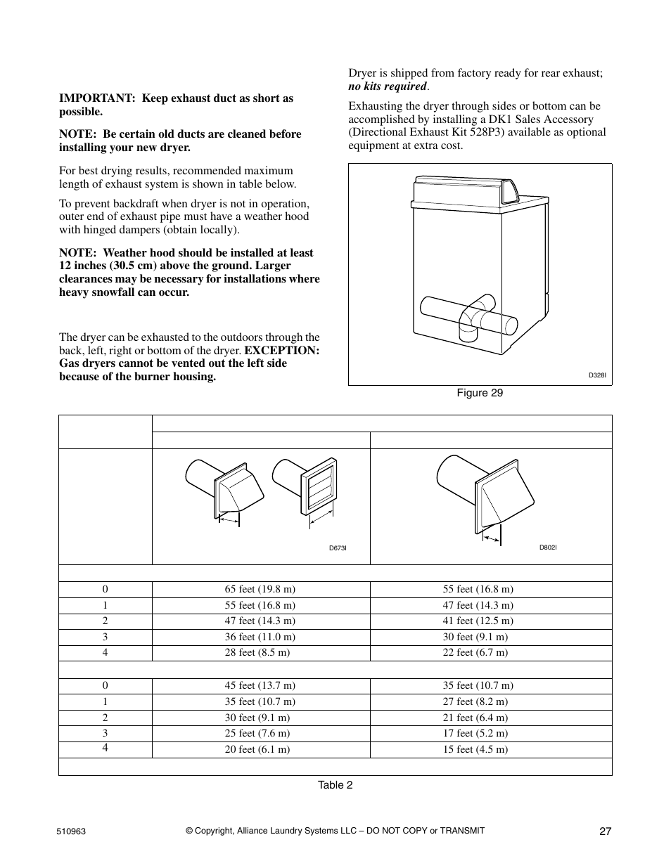 Exhaust system exhaust direction, Exhaust system, Exhaust direction | Alliance Laundry Systems D715I User Manual | Page 29 / 34
