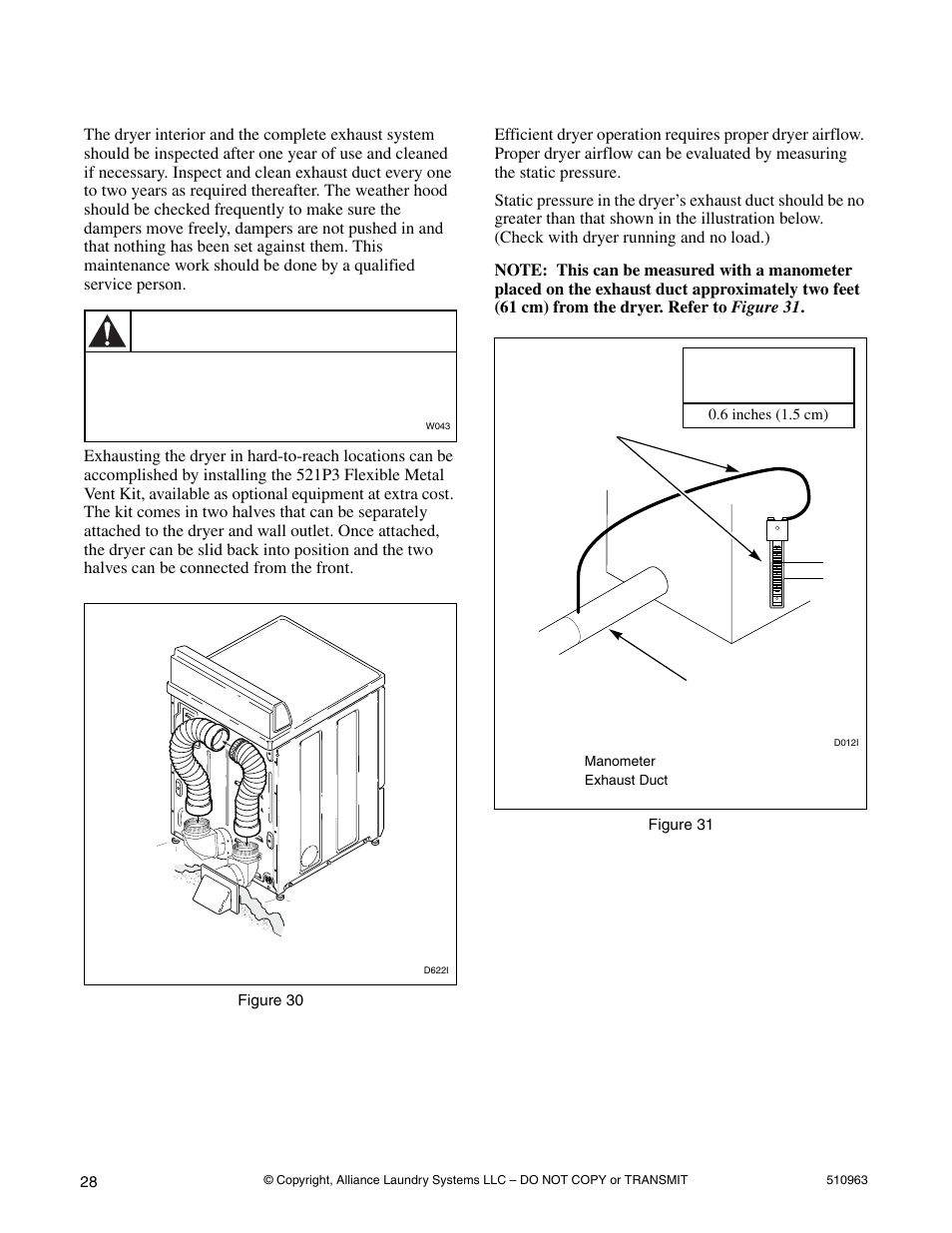 Exhaust system maintenance dryer airflow, Warning, Exhaust system maintenance | Dryer airflow | Alliance Laundry Systems D715I User Manual | Page 30 / 34